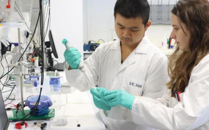 Researchers Águeda Molinero and Qianyu Wang, directed by professors María Cuartero and Gastón Crespo, co-directors of the UCAM SENS Sensor Chemistry Unit.