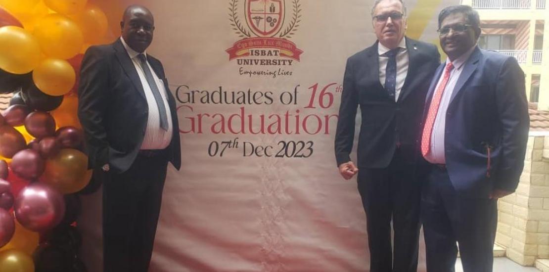 Tom Nsubuga, Head of Research, Planning and Projects; Gonzalo Wandosell, dean of the Faculty of Economics and Business at UCAM, and Mathew Mathai Kattampackal, vice-chancellor of ISBAT University.