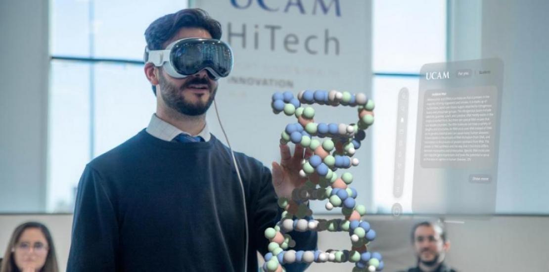 Snapshot of a training session at UCAM HiTech, using Apple&#039;s &#039;Vision Pro&#039; to &#039;touch&#039; DNA.