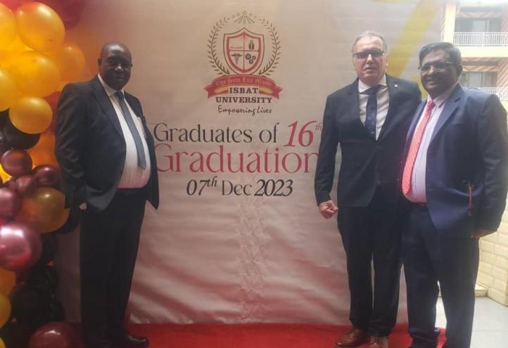 Tom Nsubuga, Head of Research, Planning and Projects; Gonzalo Wandosell, dean of the Faculty of Economics and Business at UCAM, and Mathew Mathai Kattampackal, vice-chancellor of ISBAT University.