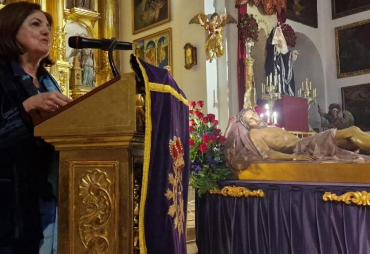 The UCAM President, María Dolores García, during the proclamation act of the Agrupación del Santo Sepulcro of Cartagena